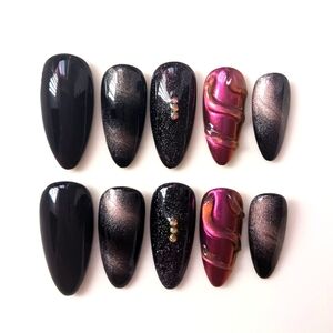 Elegant Black and Purple Chrome 3d Nail Art Set 10pcs